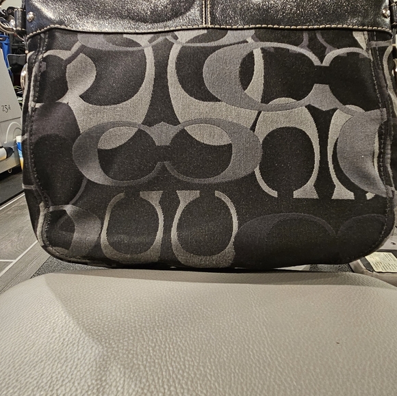 COACH Zoe Signature Black Canvas Hobo Shoulder Bag with Black Leather Trim - Picture 7 of 16